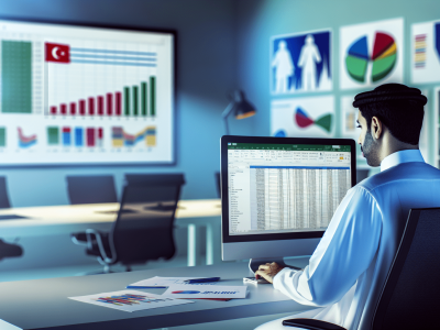 Servidor público em escritório com tela focada em criar planilha Excel, gráficos projetados ao fundo