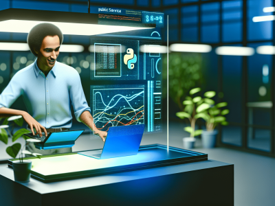 Servidor público em ambiente moderno utilizando Python em laptop para analisar gráficos de dados, simbolizando eficiência e inovação