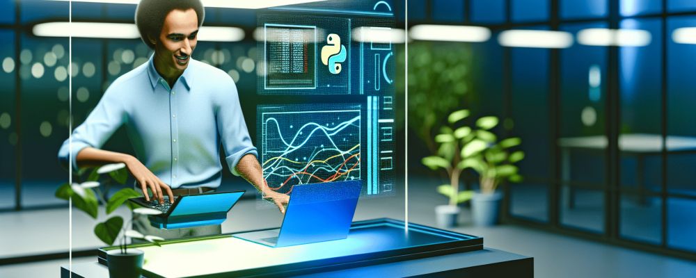 Servidor público em ambiente moderno utilizando Python em laptop para analisar gráficos de dados, simbolizando eficiência e inovação