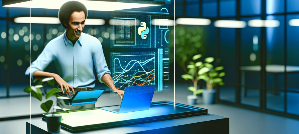 Servidor público em ambiente moderno utilizando Python em laptop para analisar gráficos de dados, simbolizando eficiência e inovação