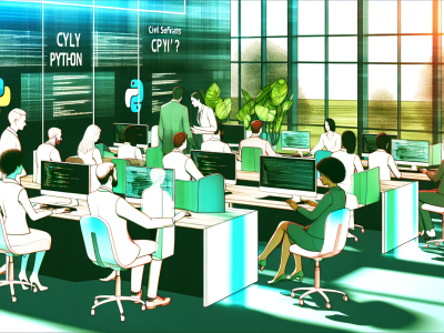 Servidores públicos em escritório moderno interagindo com computadores enquanto aprendem programação Python