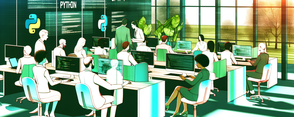 Servidores públicos em escritório moderno interagindo com computadores enquanto aprendem programação Python