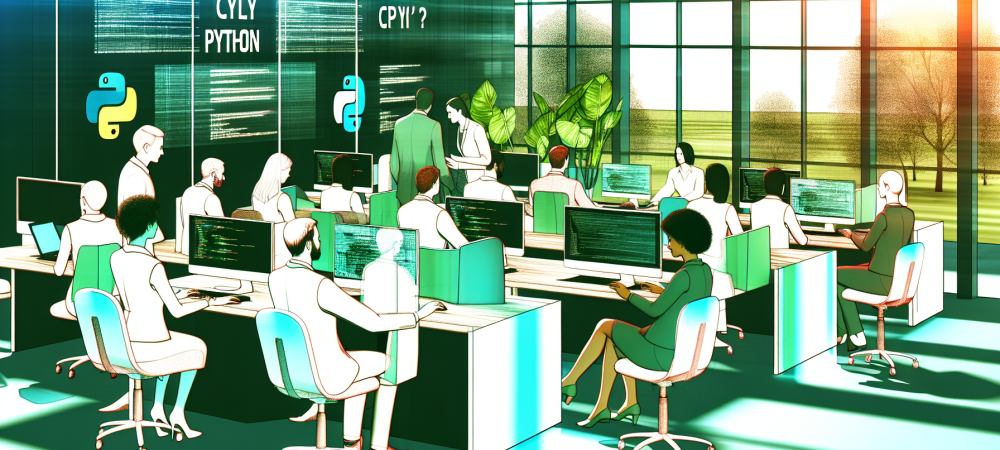 Servidores públicos em escritório moderno interagindo com computadores enquanto aprendem programação Python