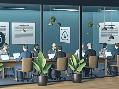 Servidores públicos em um escritório moderno revisando documentos sobre a Lei Geral de Proteção de Dados, com laptops e gráficos.