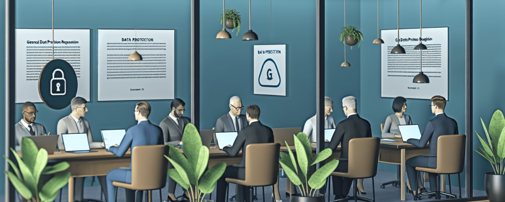 Servidores públicos em um escritório moderno revisando documentos sobre a Lei Geral de Proteção de Dados, com laptops e gráficos.
