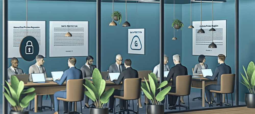 Servidores públicos em um escritório moderno revisando documentos sobre a Lei Geral de Proteção de Dados, com laptops e gráficos.