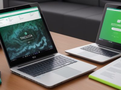 Um servidor público em escritório moderno utilizando laptop e interagindo com gráficos sobre marketing digital e comunicação.