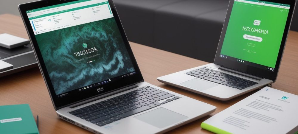 Um servidor público em escritório moderno utilizando laptop e interagindo com gráficos sobre marketing digital e comunicação.