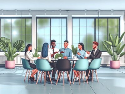 Um ambiente de trabalho colaborativo com servidores públicos discutindo em mesa redonda, expressando empatia e entusiasmo