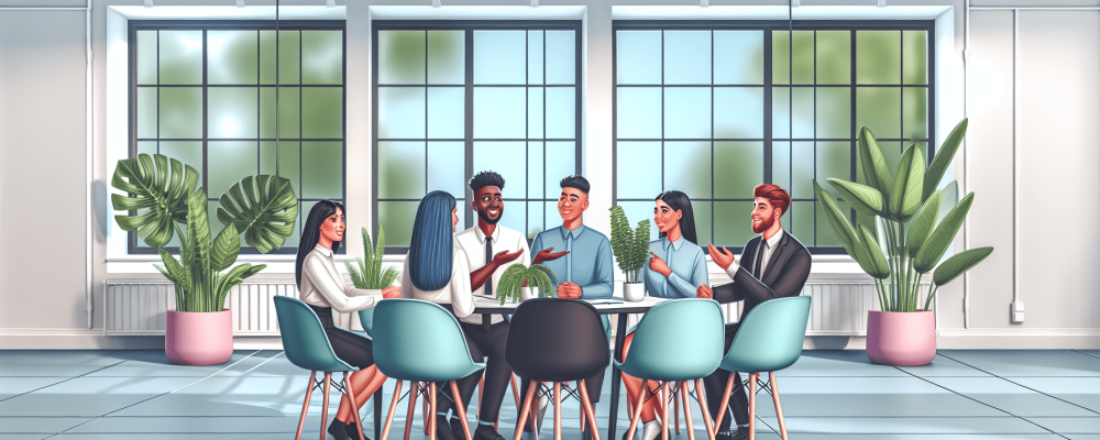 Um ambiente de trabalho colaborativo com servidores públicos discutindo em mesa redonda, expressando empatia e entusiasmo