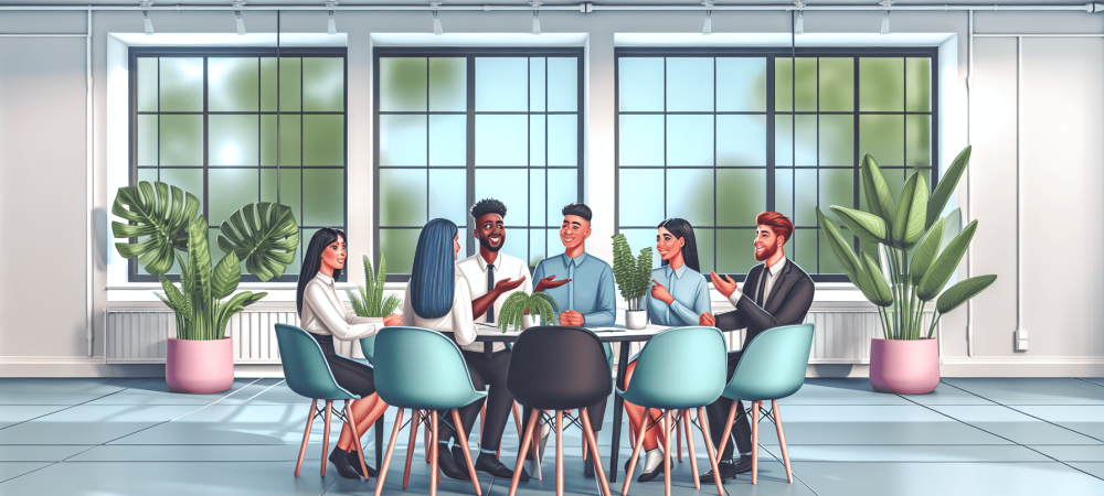 servidores-publicos-trabalho-colaborativo.webp Um ambiente de trabalho colaborativo com servidores públicos discutindo em mesa redonda, expressando empatia e entusiasmo