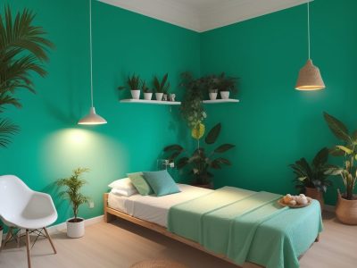 Terapeuta orienta cliente em sessão de mindfulness em sala de terapia holística com plantas e almofadas.