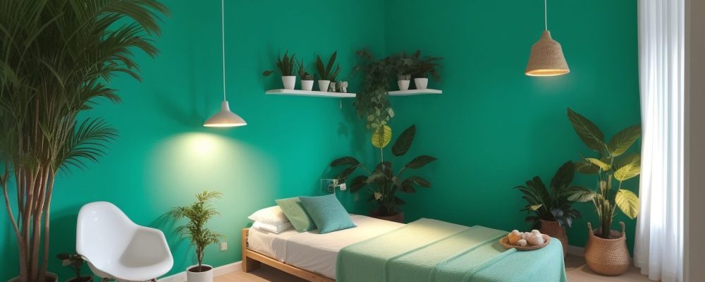 Terapeuta orienta cliente em sessão de mindfulness em sala de terapia holística com plantas e almofadas.