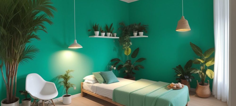 Terapeuta orienta cliente em sessão de mindfulness em sala de terapia holística com plantas e almofadas.