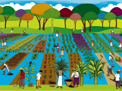 Campo agrícola vibrante com diversas plantas em sistema agroecológico, agricultores trabalhando entre árvores tropicais sob céu azul.