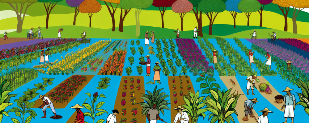 Campo agrícola vibrante com diversas plantas em sistema agroecológico, agricultores trabalhando entre árvores tropicais sob céu azul.