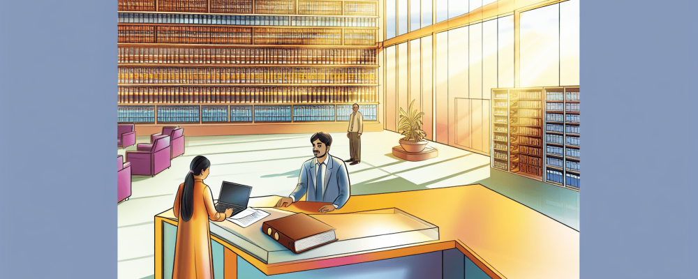 Cidadão solicita informações de governo em escritório moderno com laptop e documentos, promovendo transparência