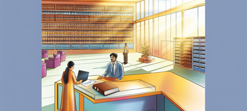 Cidadão solicita informações de governo em escritório moderno com laptop e documentos, promovendo transparência