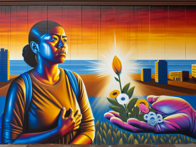 Mulher forte e resiliente em ambiente urbano com símbolos de esperança, simbolizando superação da violência doméstica.