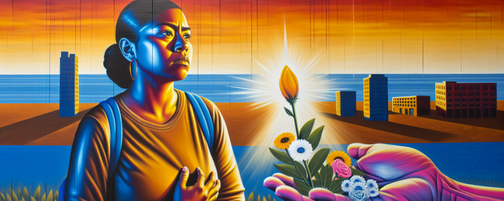 Mulher forte e resiliente em ambiente urbano com símbolos de esperança, simbolizando superação da violência doméstica.