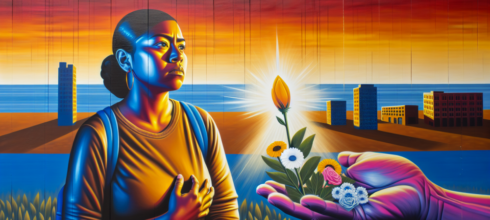 Mulher forte e resiliente em ambiente urbano com símbolos de esperança, simbolizando superação da violência doméstica.