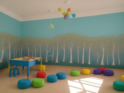 Ambiente acolhedor em sala de aula onde educadora observa crianças superdotadas interagindo com materiais didáticos como quebra-cabeças e livros, com iluminação suave e paredes decoradas.