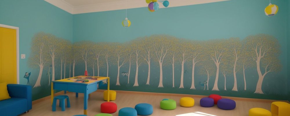 Ambiente acolhedor em sala de aula onde educadora observa crianças superdotadas interagindo com materiais didáticos como quebra-cabeças e livros, com iluminação suave e paredes decoradas.