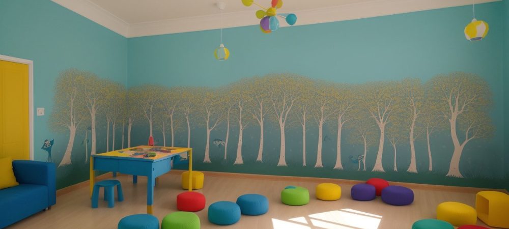 Ambiente acolhedor em sala de aula onde educadora observa crianças superdotadas interagindo com materiais didáticos como quebra-cabeças e livros, com iluminação suave e paredes decoradas.