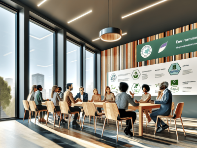 Sala de reuniões moderna com mesas sustentáveis, gráficos de práticas sustentáveis e licenciamento ambiental, pessoas discutindo animadamente