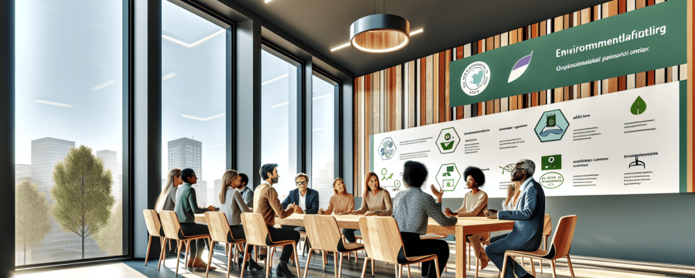 Sala de reuniões moderna com mesas sustentáveis, gráficos de práticas sustentáveis e licenciamento ambiental, pessoas discutindo animadamente