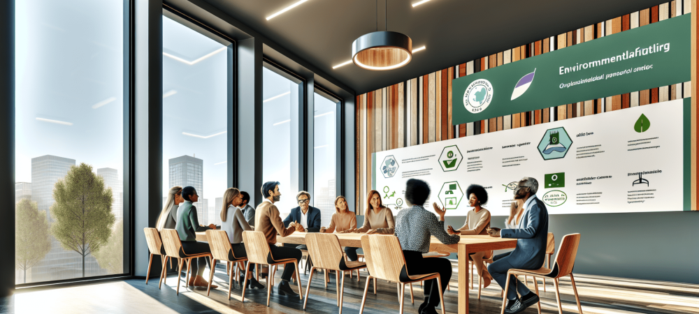 Sala de reuniões moderna com mesas sustentáveis, gráficos de práticas sustentáveis e licenciamento ambiental, pessoas discutindo animadamente