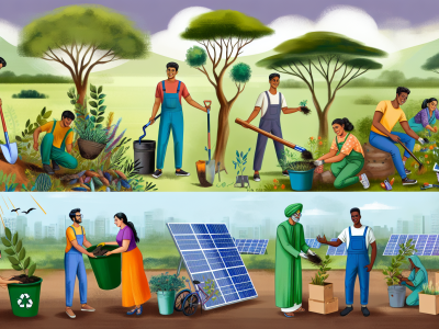 Profissionais sustentáveis em atividades de gestão ambiental com plantio de árvores e reciclagem, painéis solares e horta comunitária ao fundo.