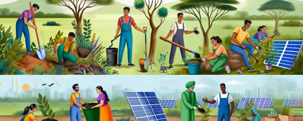 Profissionais sustentáveis em atividades de gestão ambiental com plantio de árvores e reciclagem, painéis solares e horta comunitária ao fundo.