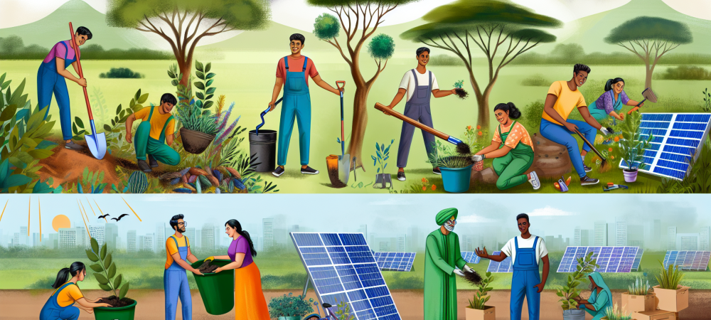 Profissionais sustentáveis em atividades de gestão ambiental com plantio de árvores e reciclagem, painéis solares e horta comunitária ao fundo.