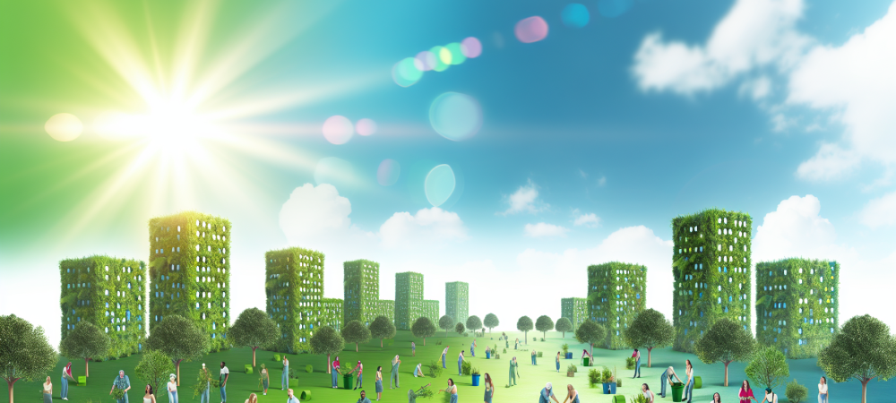 Cidade vibrante e sustentável com edifícios verdes e atividades de reciclagem