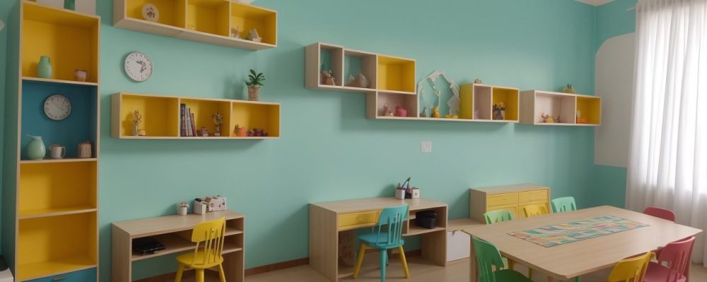 Estudantes em sala de aula vibrante participando de atividades teatrais com materiais coloridos e máscaras.