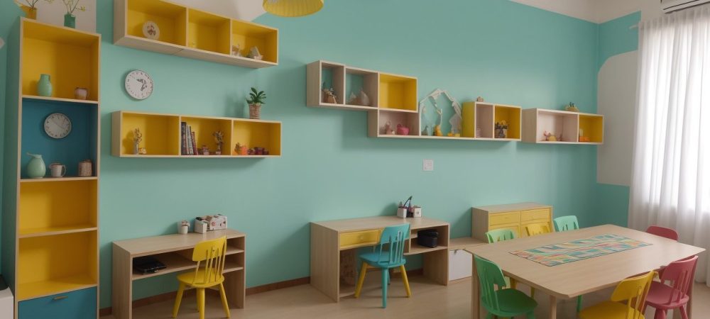 Estudantes em sala de aula vibrante participando de atividades teatrais com materiais coloridos e máscaras.