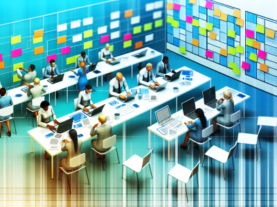 Servidor público em escritório organizado revisando comunicação escrita com laptops e tablets.