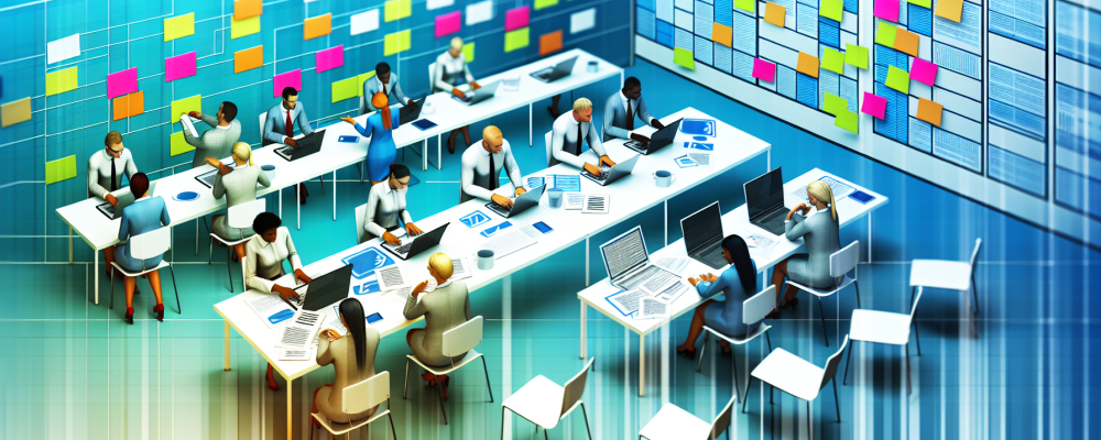 Servidor público em escritório organizado revisando comunicação escrita com laptops e tablets.