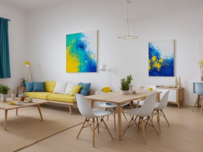 Ateliê de pintura vibrante com mesa de tintas e pincéis, paredes decoradas, destacando técnicas de pintura em ambiente inspirador e criativo.