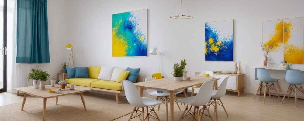 Ateliê de pintura vibrante com mesa de tintas e pincéis, paredes decoradas, destacando técnicas de pintura em ambiente inspirador e criativo.