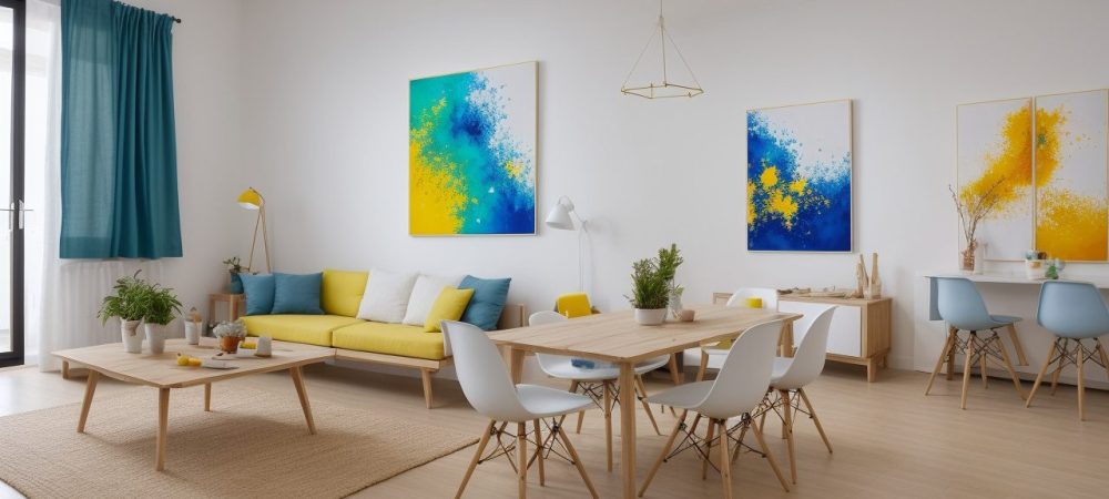 Ateliê de pintura vibrante com mesa de tintas e pincéis, paredes decoradas, destacando técnicas de pintura em ambiente inspirador e criativo.