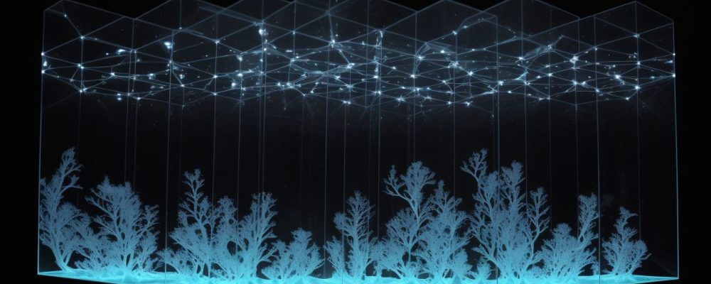 Equipe de peritos criminais usando tecnologia holográfica em um escritório futurista, com luzes azuis e ferramentas digitais.