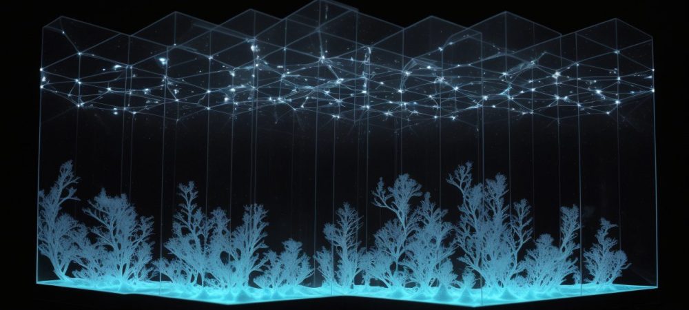 Equipe de peritos criminais usando tecnologia holográfica em um escritório futurista, com luzes azuis e ferramentas digitais.