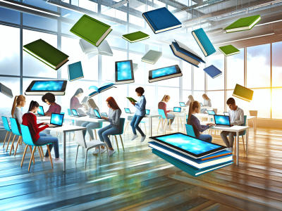 Estudantes em sala de aula moderna usando tablets e laptops com livros digitais, simbolizando tecnologia na educação.