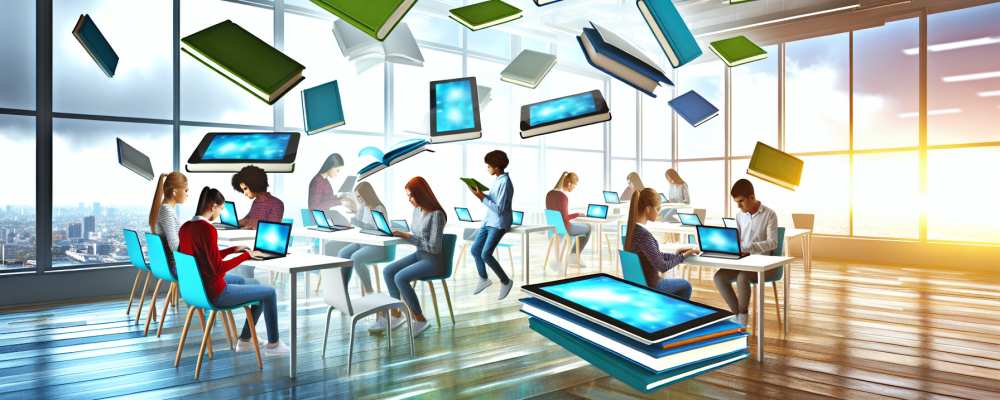 Estudantes em sala de aula moderna usando tablets e laptops com livros digitais, simbolizando tecnologia na educação.