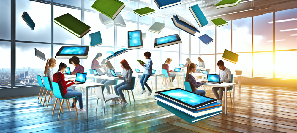 tecnologia-digital-na-educacao.webp Estudantes em sala de aula moderna usando tablets e laptops com livros digitais, simbolizando tecnologia na educação.