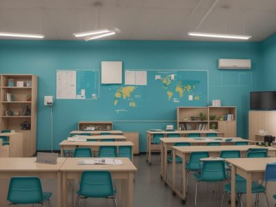 Alunos em sala de aula moderna interagindo com laptops e tablets, cercados por telas digitais e tecnologia educacional.
