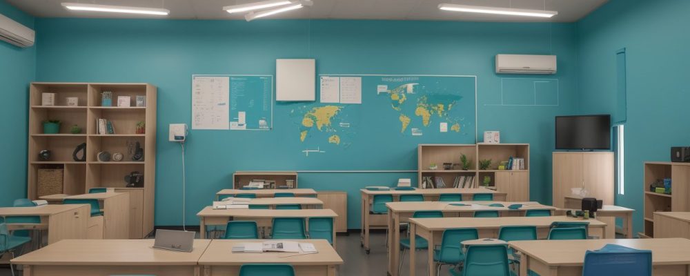 Alunos em sala de aula moderna interagindo com laptops e tablets, cercados por telas digitais e tecnologia educacional.