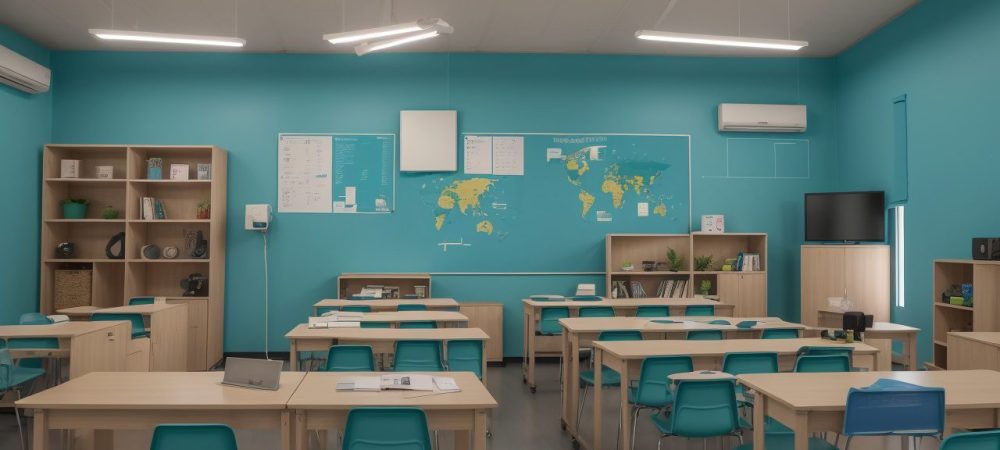 Alunos em sala de aula moderna interagindo com laptops e tablets, cercados por telas digitais e tecnologia educacional.